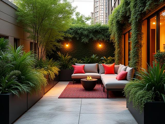 After: The same balcony transformed into a lush, inviting garden space with custom furniture and vibrant plants