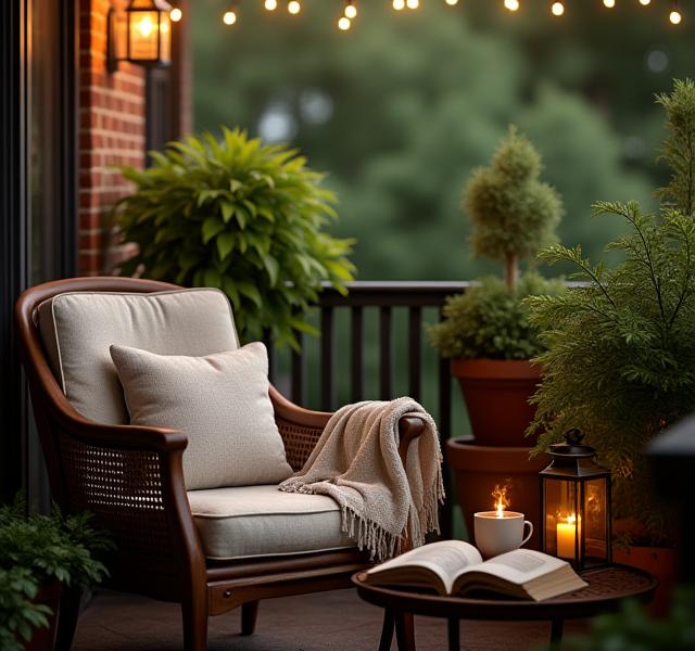 Cozy balcony reading nook with comfortable seating, soft lighting, and potted plants in Columbia, SC