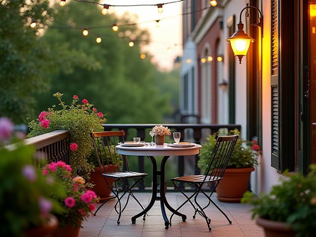 Elegant balcony dining setup with bistro table and chairs surrounded by flowering plants in Columbia, SC