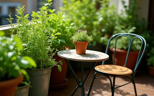 Small balcony with a vibrant herb garden and small dining table, perfect for culinary enthusiasts