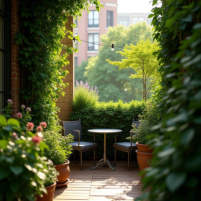 Lush privacy balcony garden with tall plants and trellises on Main Street, Columbia, SC