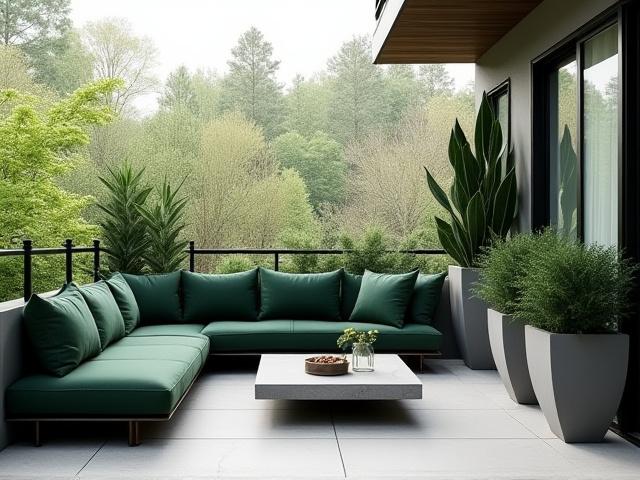 Modern Minimalist Balcony Lounge with sleek furniture and lush green plants in Columbia, SC