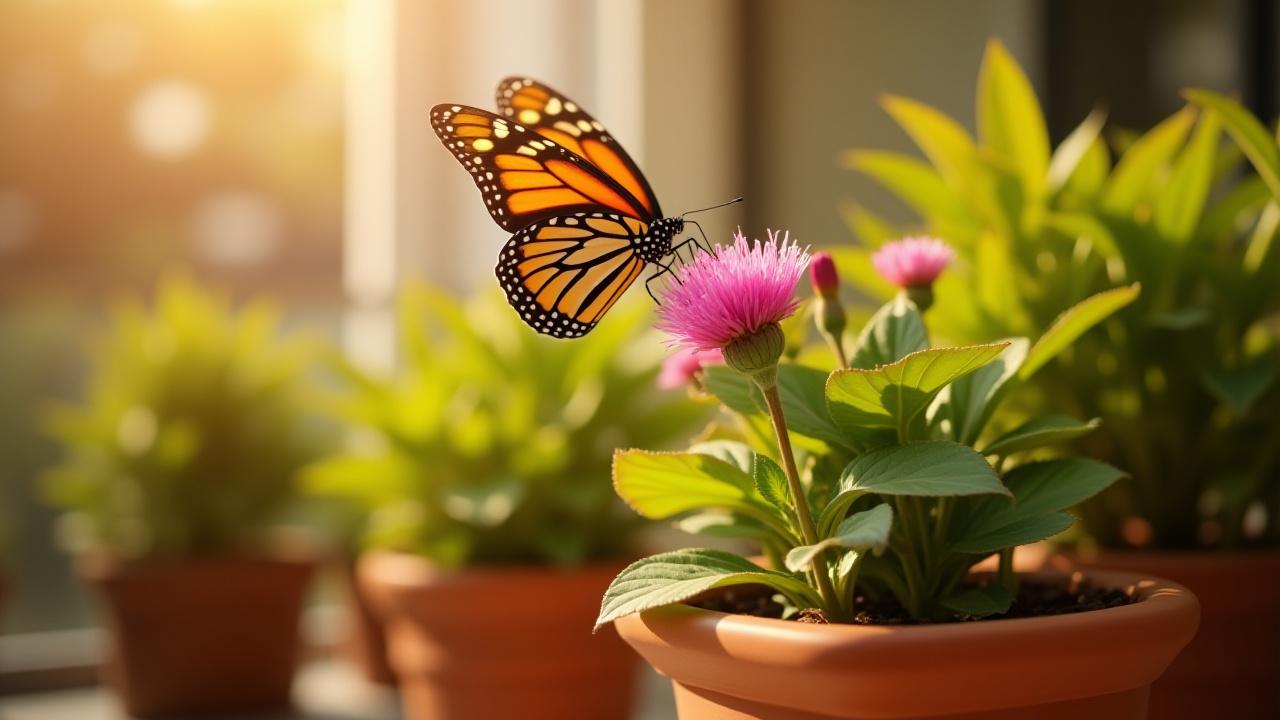 A vibrant monarch butterfly delicately landing on a blooming milkweed plant in a balcony garden, showcasing the beauty of native plants.
