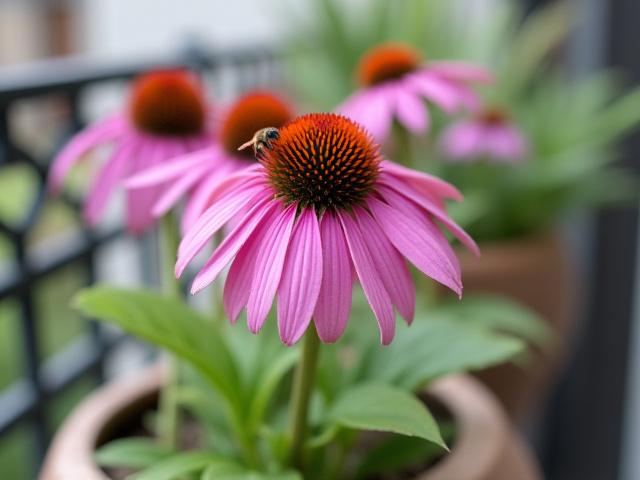 Close-up of a vibrant Purple Coneflower (Echinacea purpurea) with a bee on its center, planted in a decorative container.