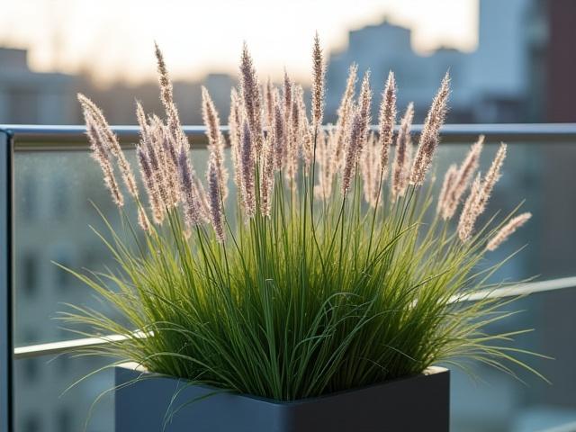 Feathery seed heads and delicate blue-green foliage of Little Bluestem (Schizachyrium scoparium) swaying gently in a container garden.