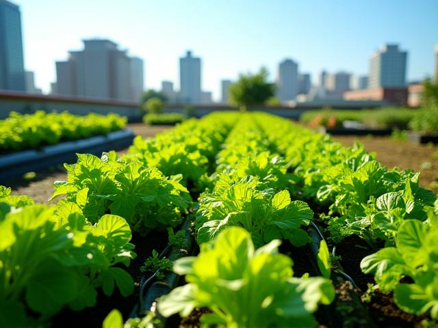 Urban Farm on a rooftop with raised beds and vibrant vegetables