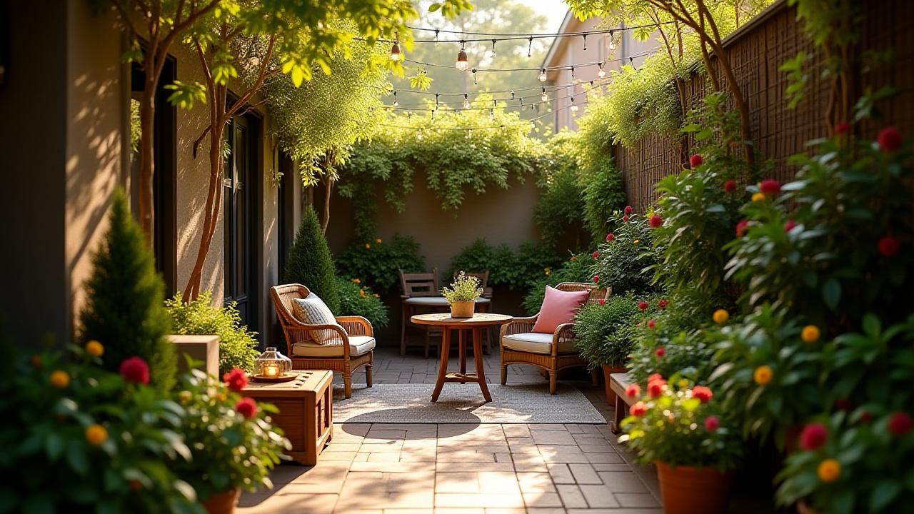 Beautifully designed intimate patio garden with lush plants and cozy seating, creating a private oasis in a small urban backyard in Columbia, SC