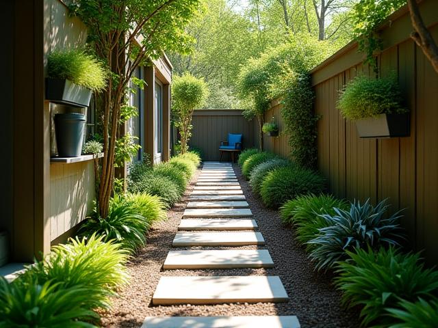 Narrow side yard transformed into a charming pathway with stepping stones, vertical planters, and strategic lighting, maximizing unused space.