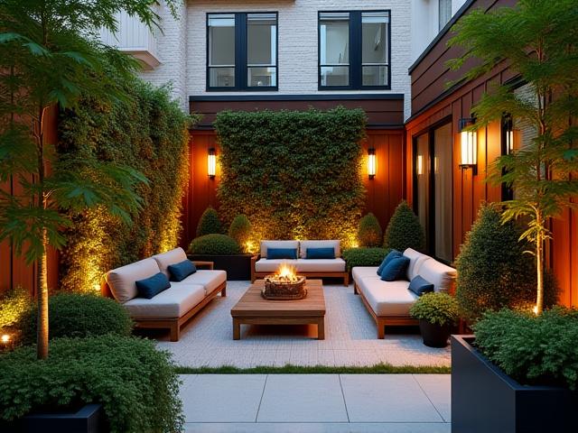 Cozy townhome backyard with a vertical garden, privacy screen, and compact dining set, creating a private green sanctuary.