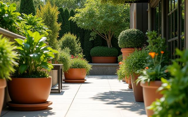 Colorful container garden on a sleek patio