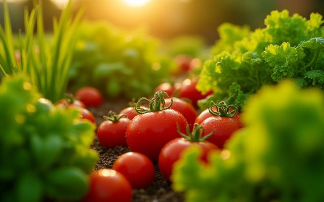 Close-up of a flourishing edible raised garden bed with various vegetables
