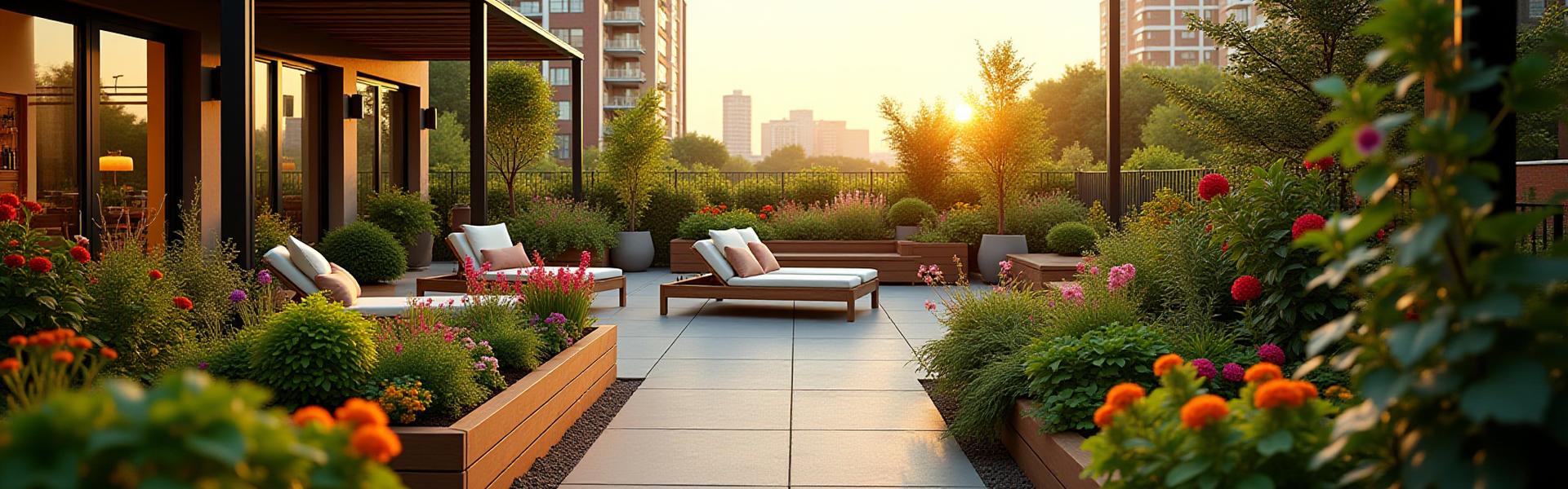 Vibrant urban garden montage, showing a rooftop garden, a patio with herbs, and a balcony with colorful flowers in Columbia, SC