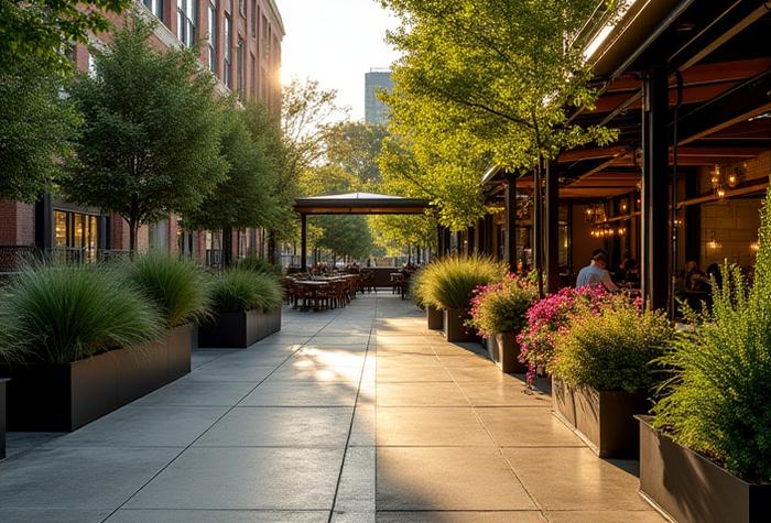 Before and after photo of a restaurant patio transformed into a lush urban dining space