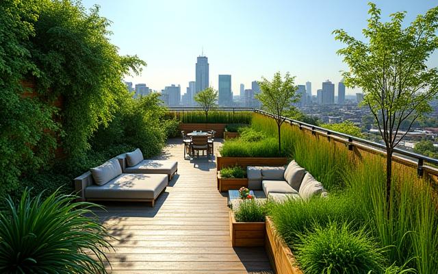 Lush rooftop garden with lounge seating and edible plants