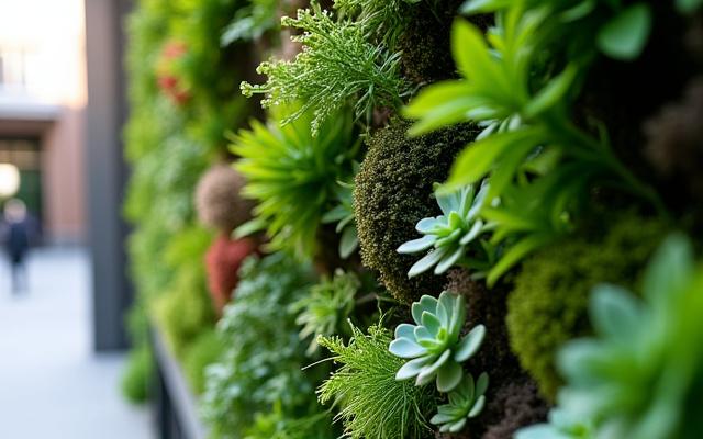 Modern vertical garden with diverse plants on an urban wall