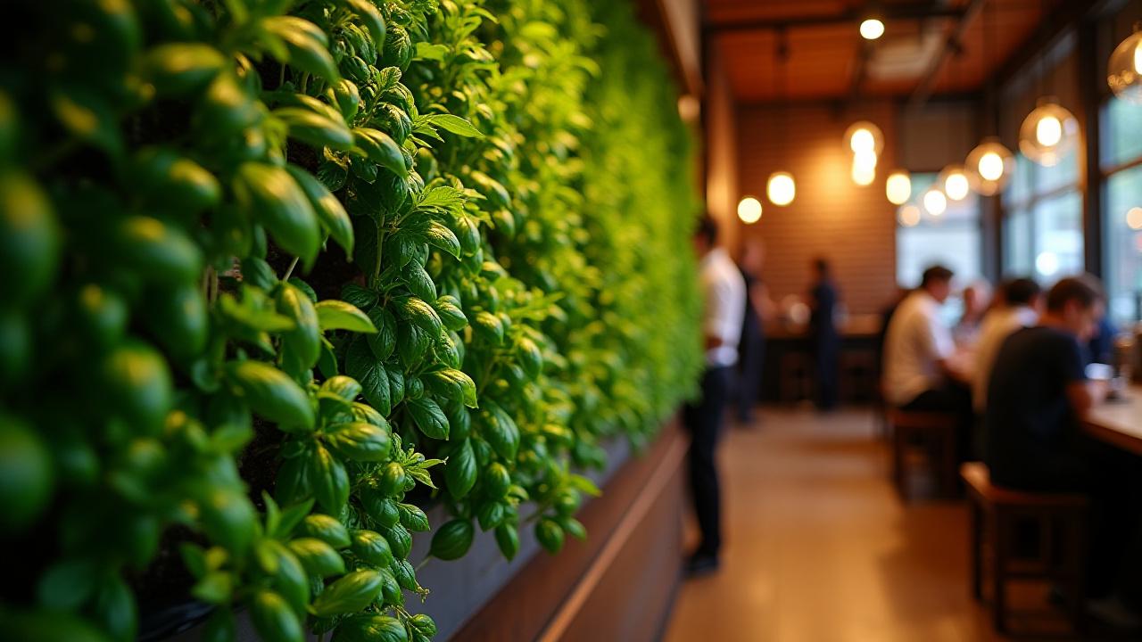 Vibrant indoor hydroponic herb wall at Main Street Cafe, showcasing fresh basil, mint, and rosemary