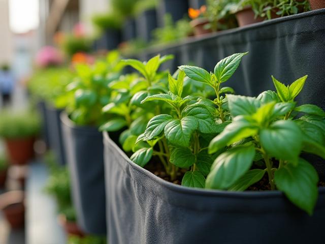 Fabric pocket planters filled with herbs and flowers